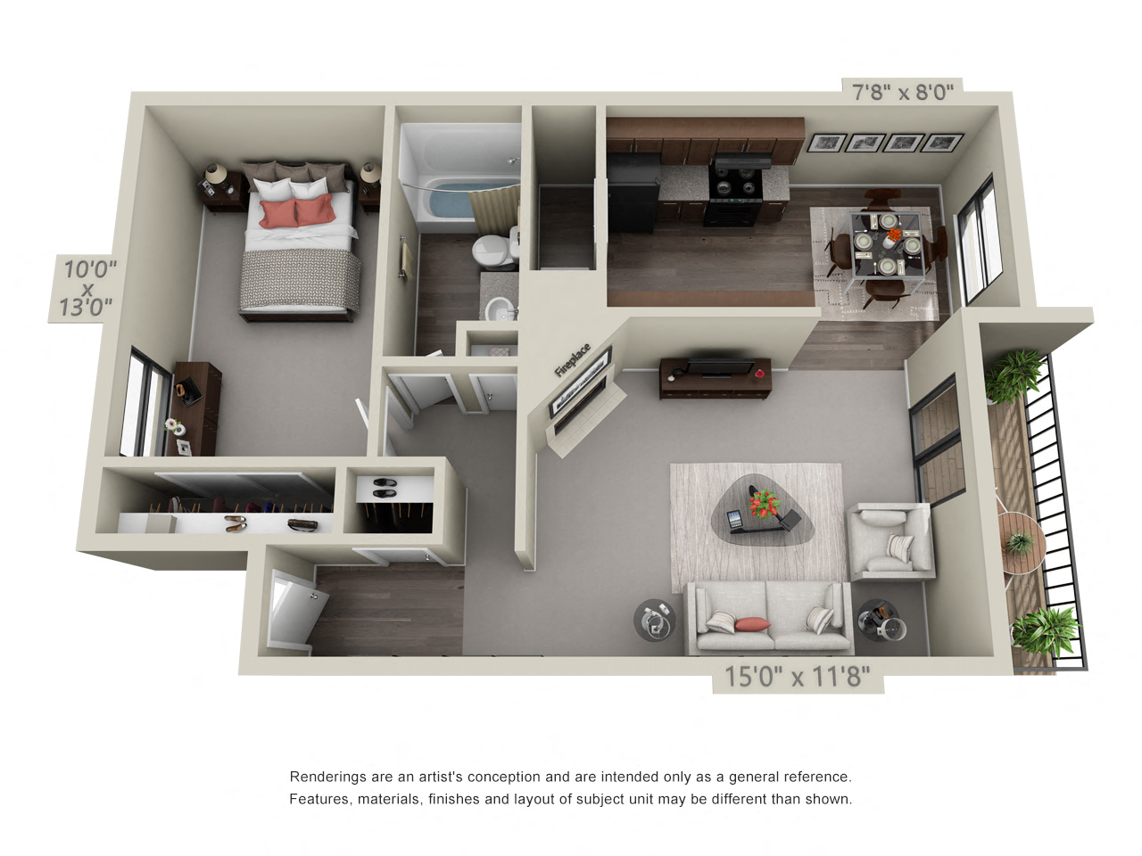 Floor plan for 1 bed, 1 bath, 620 sqft